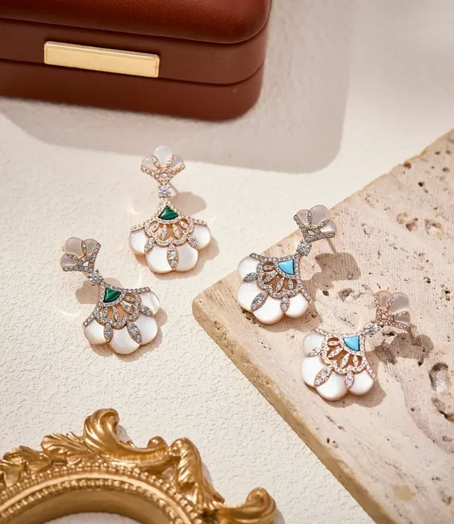 Fan-Motif Mother-of-Pearl and Pavé Stone Drop Earrings 6