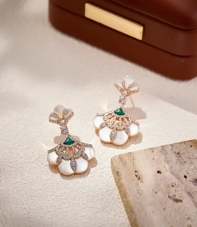 Fan-Motif Mother-of-Pearl and Pavé Stone Drop Earrings 7