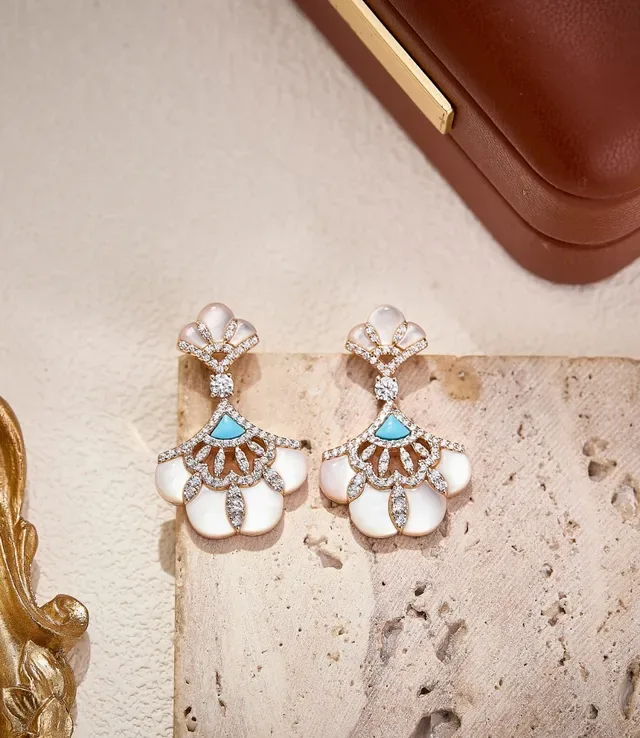 Fan-Motif Mother-of-Pearl and Pavé Stone Drop Earrings 8