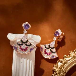 Fan-Shaped Gemstone and Enamel Drop Earrings