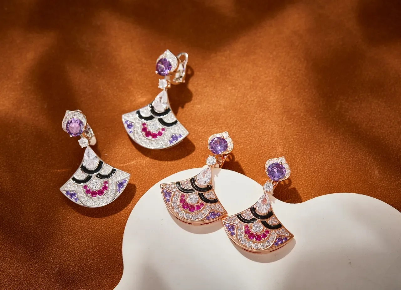 Fan-Shaped Gemstone and Enamel Drop Earrings 3