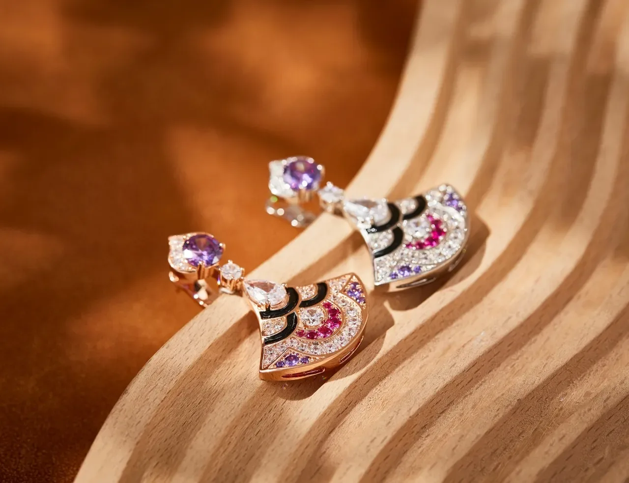 Fan-Shaped Gemstone and Enamel Drop Earrings 4