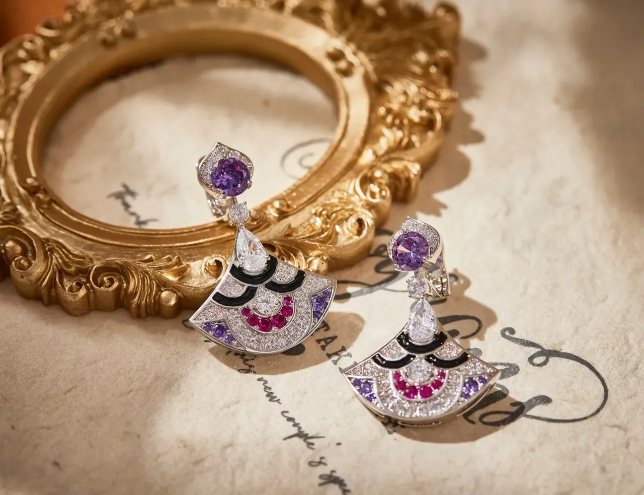 Fan-Shaped Gemstone and Enamel Drop Earrings 5