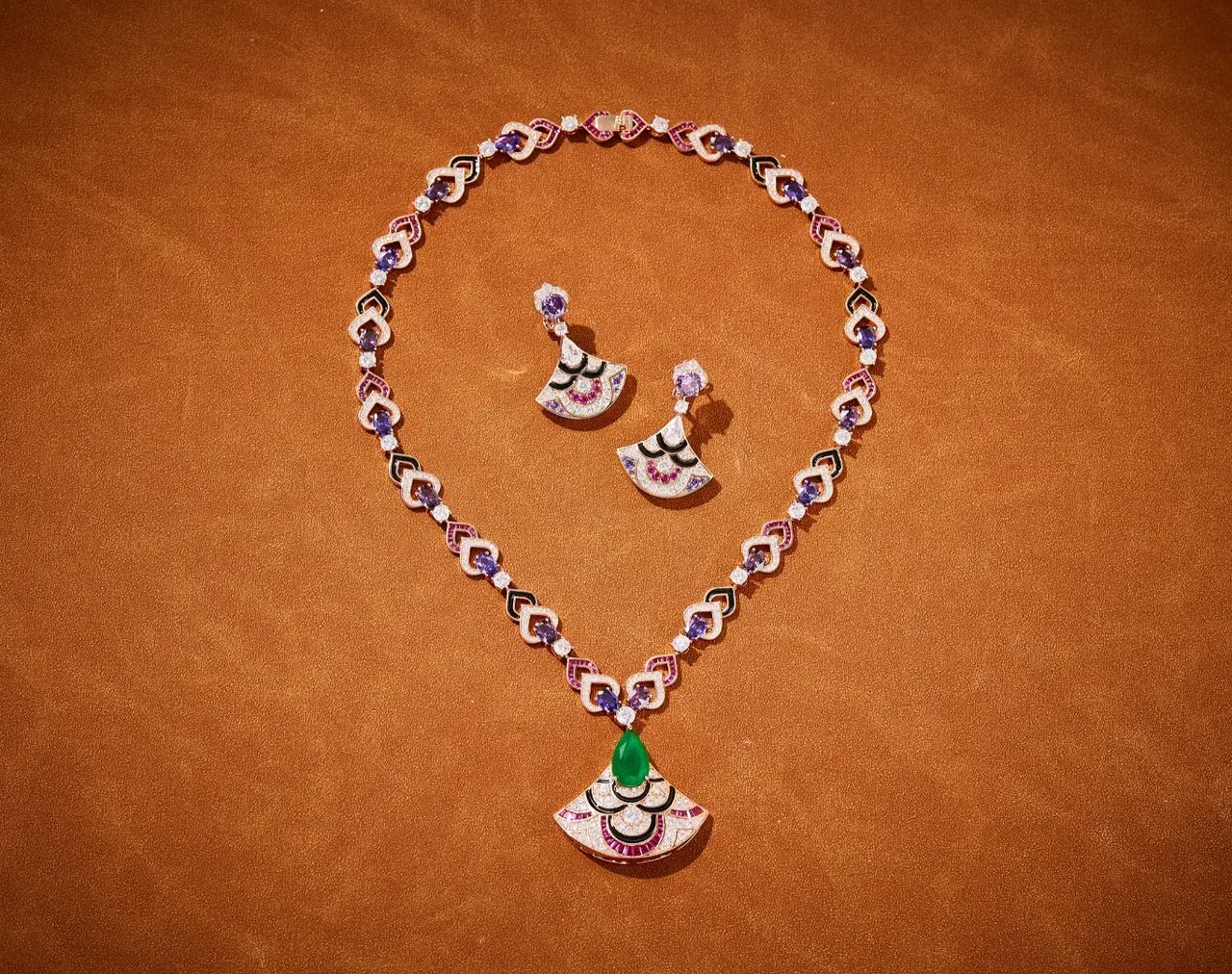 Fan-Shaped Gemstone and Enamel Drop Earrings 7