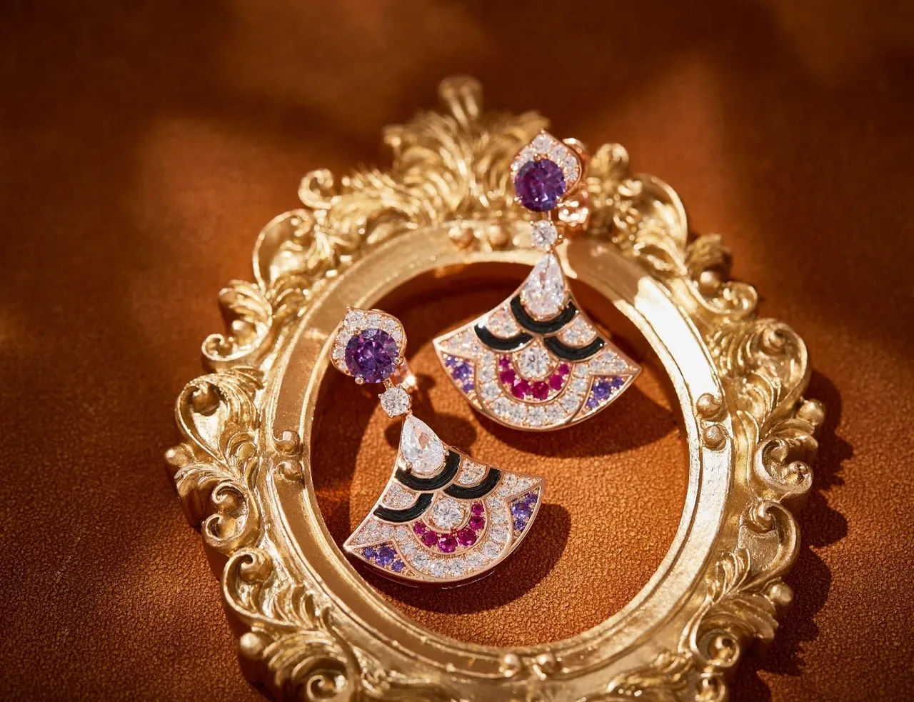 Fan-Shaped Gemstone and Enamel Drop Earrings 8
