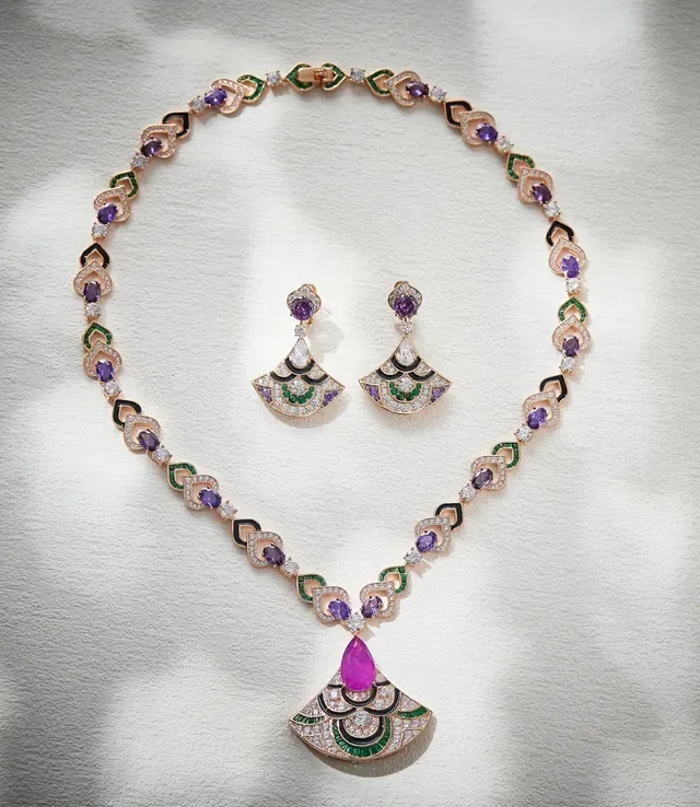 Fan-Shaped Multi-Gemstone Enamel Drop Earrings 2