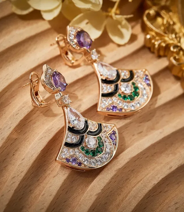 Fan-Shaped Multi-Gemstone Enamel Drop Earrings 3