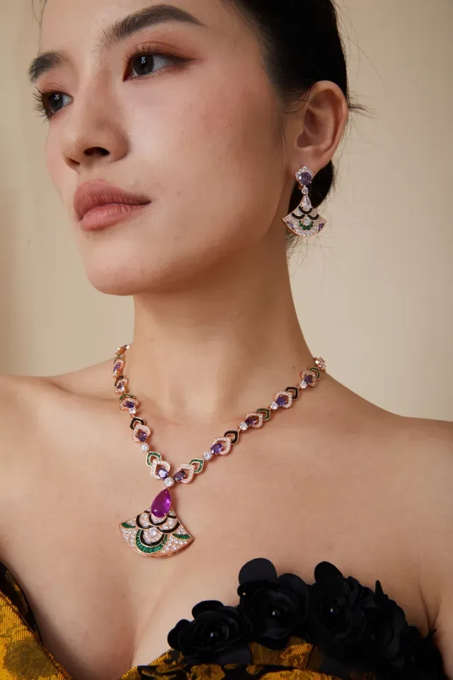 Fan-Shaped Multi-Gemstone Enamel Drop Earrings 6