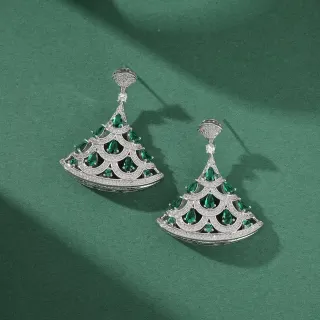 Fan-Shaped Tiered Green and Clear Stone Earrings