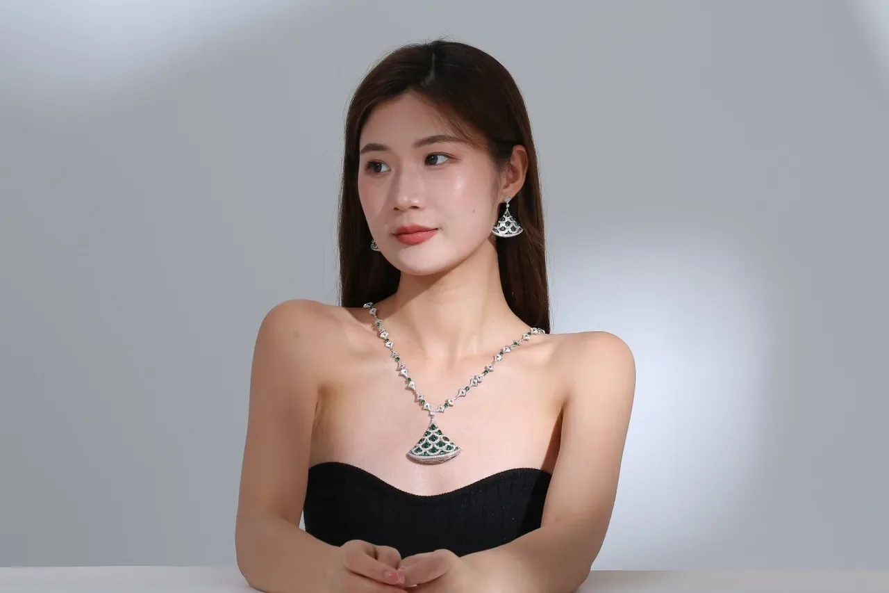 Fan-Shaped Tiered Green and Clear Stone Earrings 2
