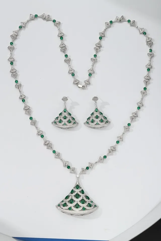 Fan-Shaped Tiered Green and Clear Stone Earrings 6