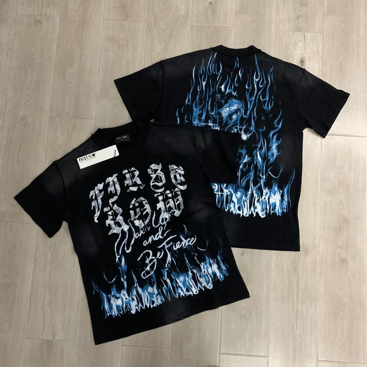 FIRST ROW Graphic Flame Motif Black T-Shirt 4