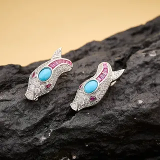 Fish-Shaped Turquoise and Ruby Pave Earrings