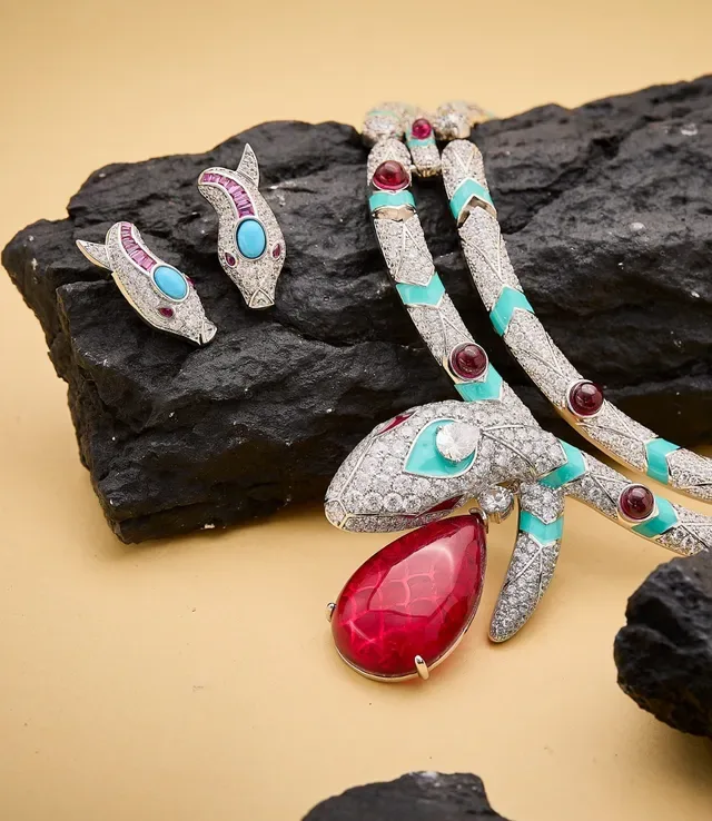 Fish-Shaped Turquoise and Ruby Pave Earrings 2