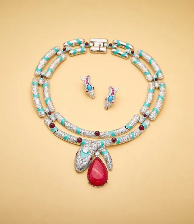 Fish-Shaped Turquoise and Ruby Pave Earrings 3