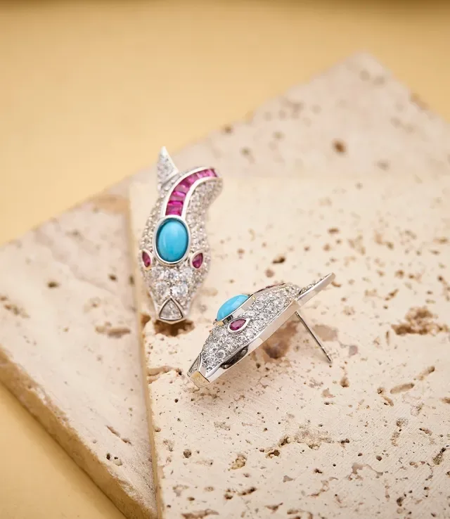 Fish-Shaped Turquoise and Ruby Pave Earrings 4