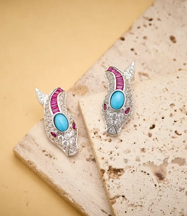 Fish-Shaped Turquoise and Ruby Pave Earrings 5