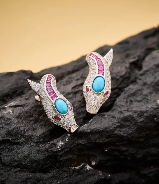 Fish-Shaped Turquoise and Ruby Pave Earrings 6
