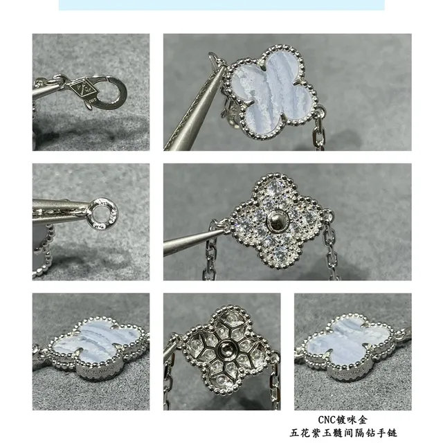 Five Clover Motif Agate and Pavé Crystal Silver-Tone Chain Bracelet 2