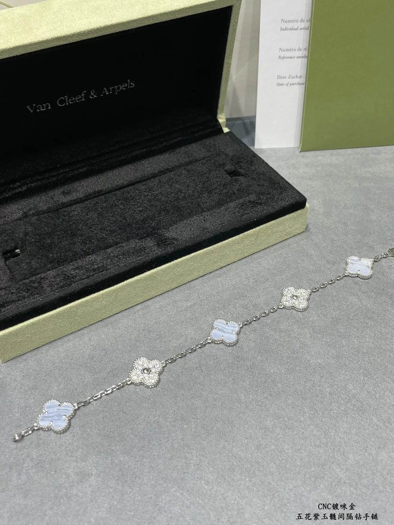 Five Clover Motif Agate and Pavé Crystal Silver-Tone Chain Bracelet 4