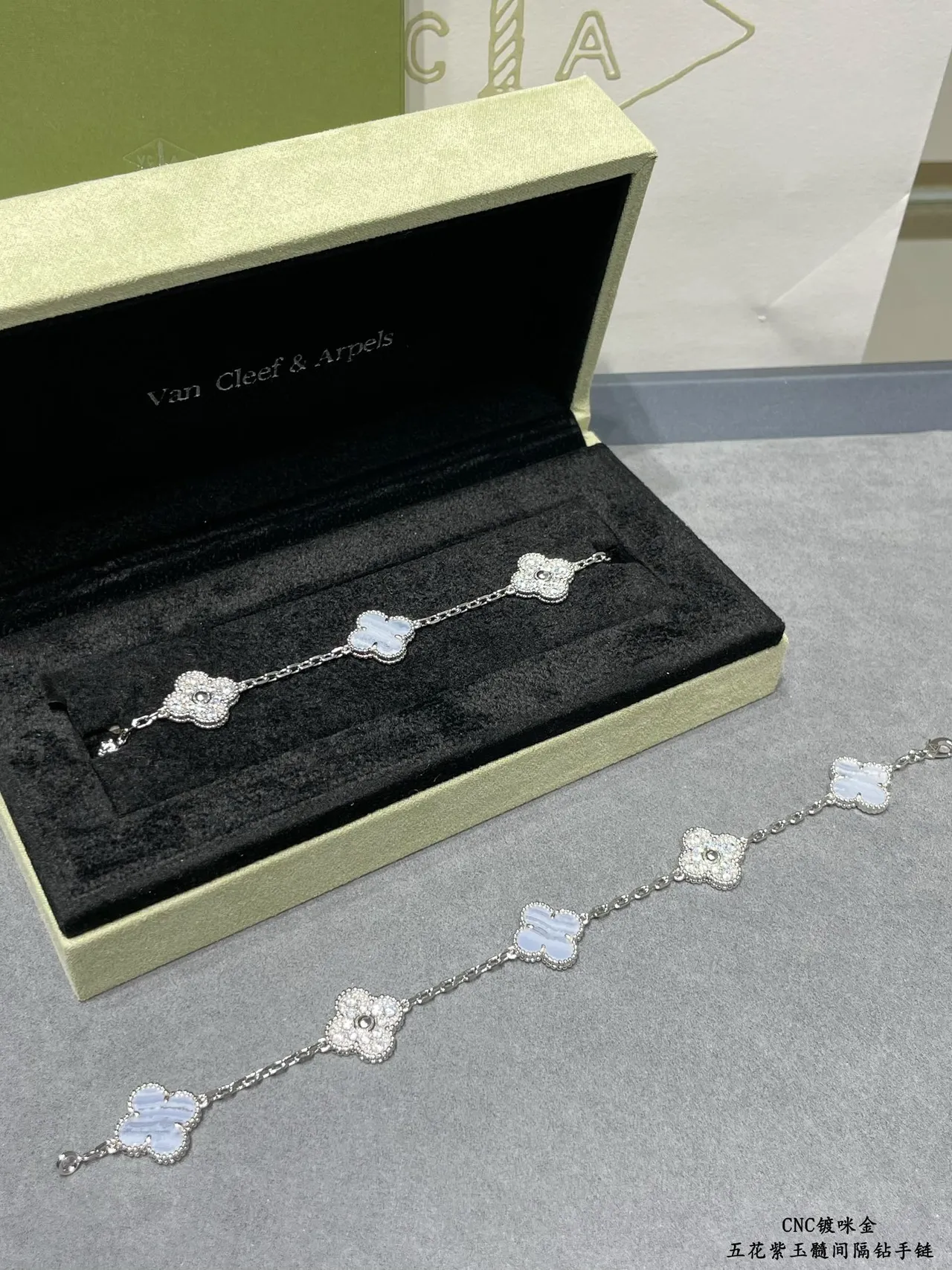 Five Clover Motif Agate and Pavé Crystal Silver-Tone Chain Bracelet 6