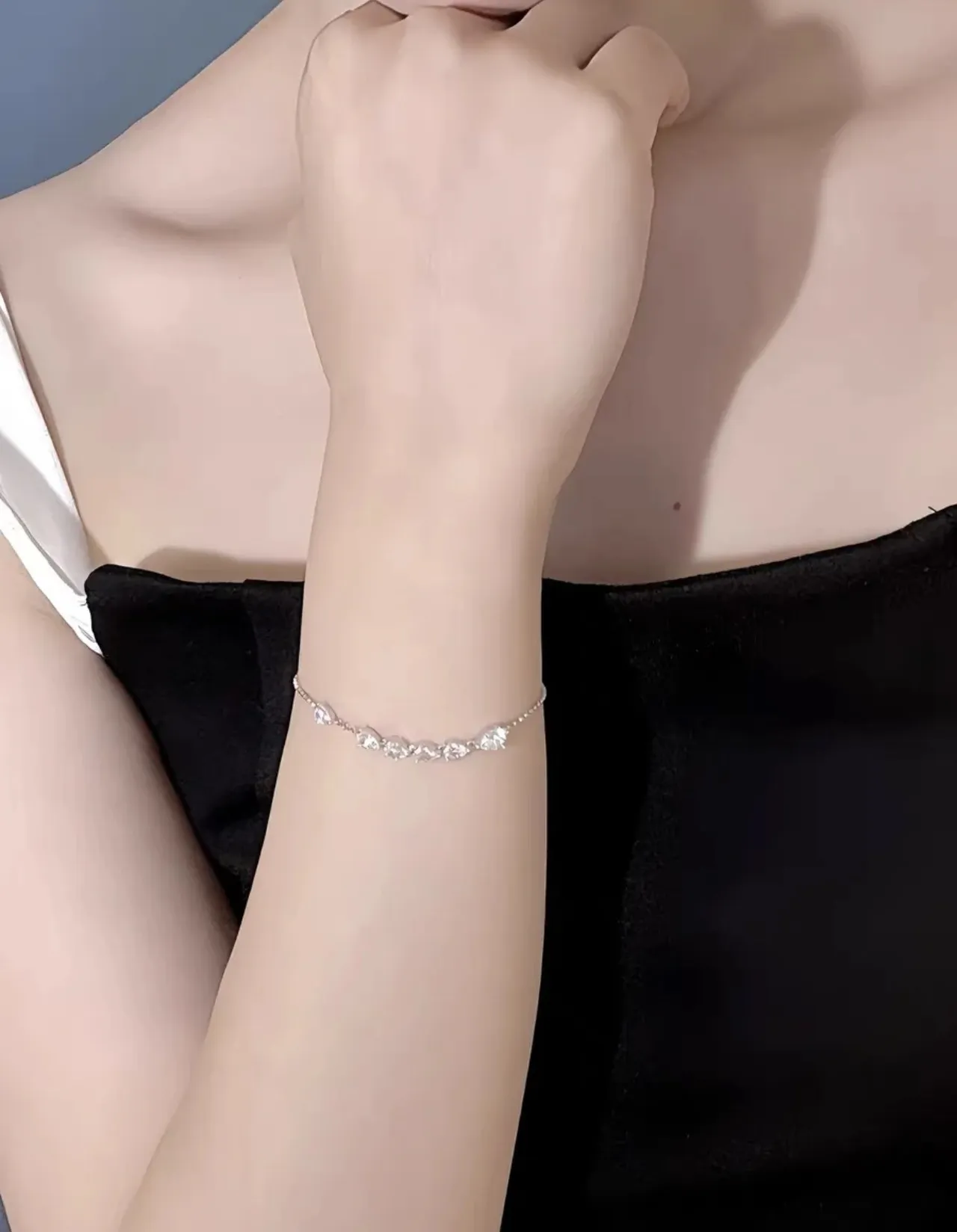 Five-Stone Pear-Cut Clear Crystal Silver-Toned Bracelet 2