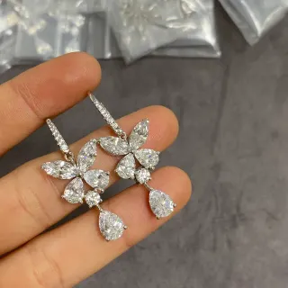 Floral Cluster Marquise and Pear-Cut Dangling Earrings