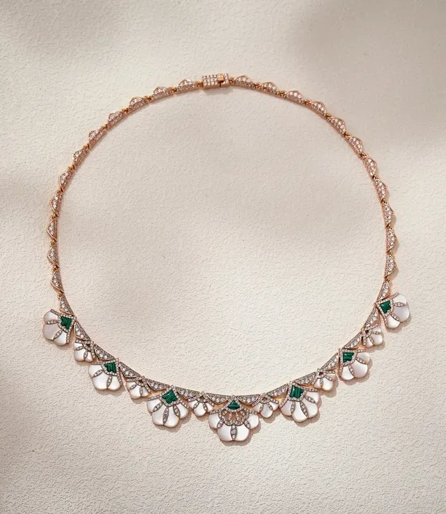 Floral Motif Pavé-Set White Cabochon Rose Gold Necklace 3