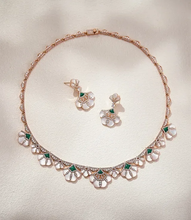 Floral Motif Pavé-Set White Cabochon Rose Gold Necklace 4