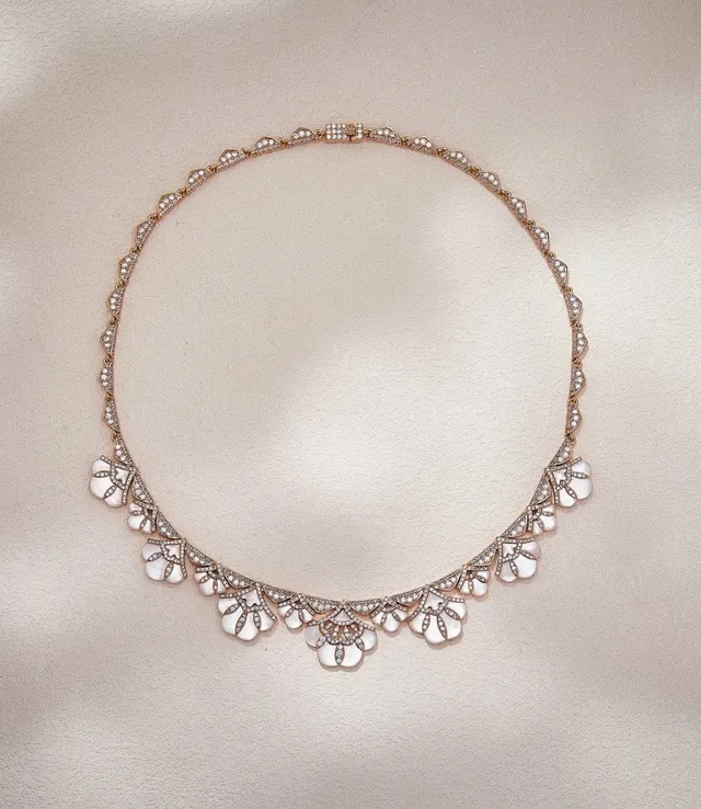 Floral Motif Pavé-Set White Cabochon Rose Gold Necklace 5