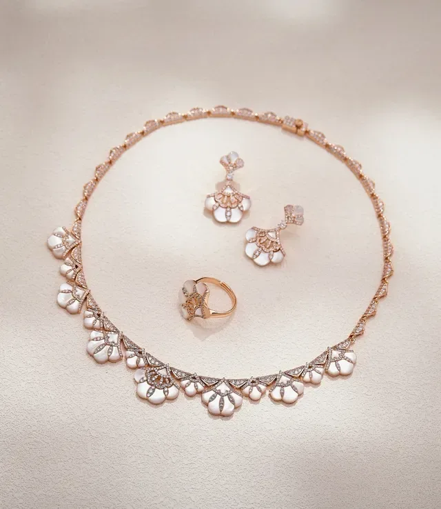 Floral Motif Pavé-Set White Cabochon Rose Gold Necklace 6