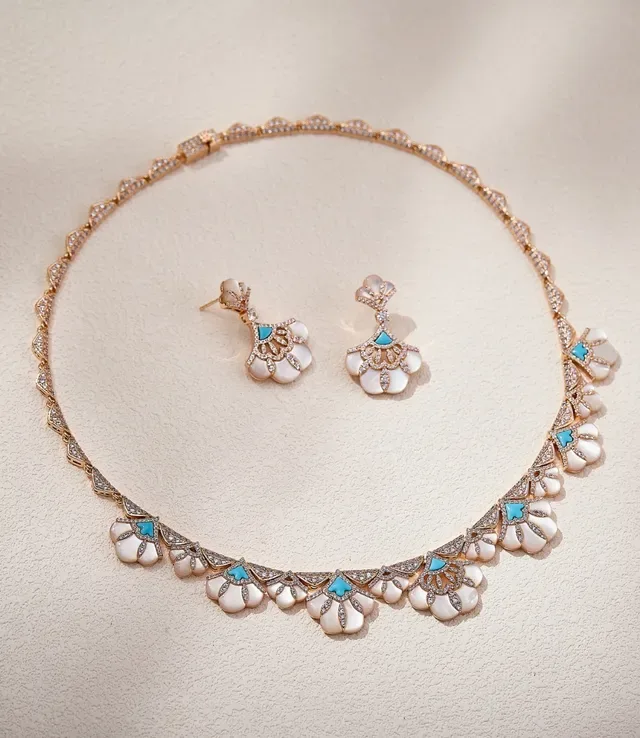 Floral Motif Pavé-Set White Cabochon Rose Gold Necklace 7