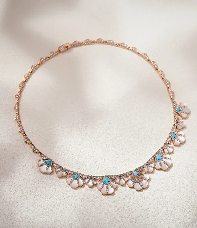 Floral Motif Pavé-Set White Cabochon Rose Gold Necklace 8