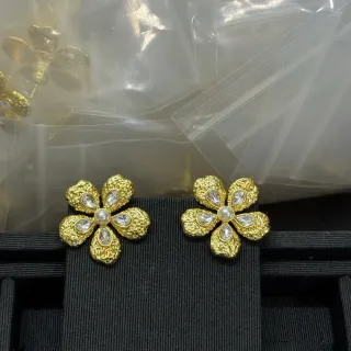 Floral Textured Gold-Tone Pearl and Crystal Stud Earrings