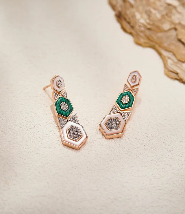 Geometric Hexagonal Pavé Enamel Drop Earrings 6