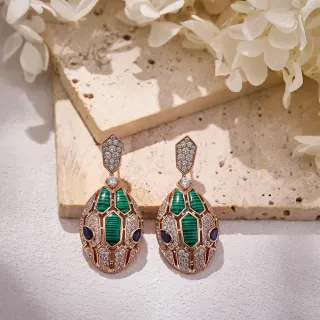 Geometric Malachite and Diamond Pavé Drop Earrings