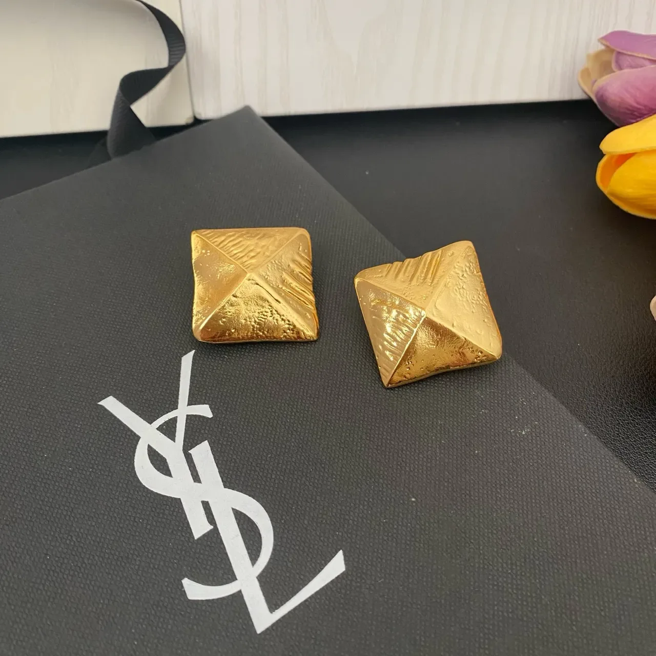 Geometric Pyramid Textured Gold-Toned Stud Earrings 5