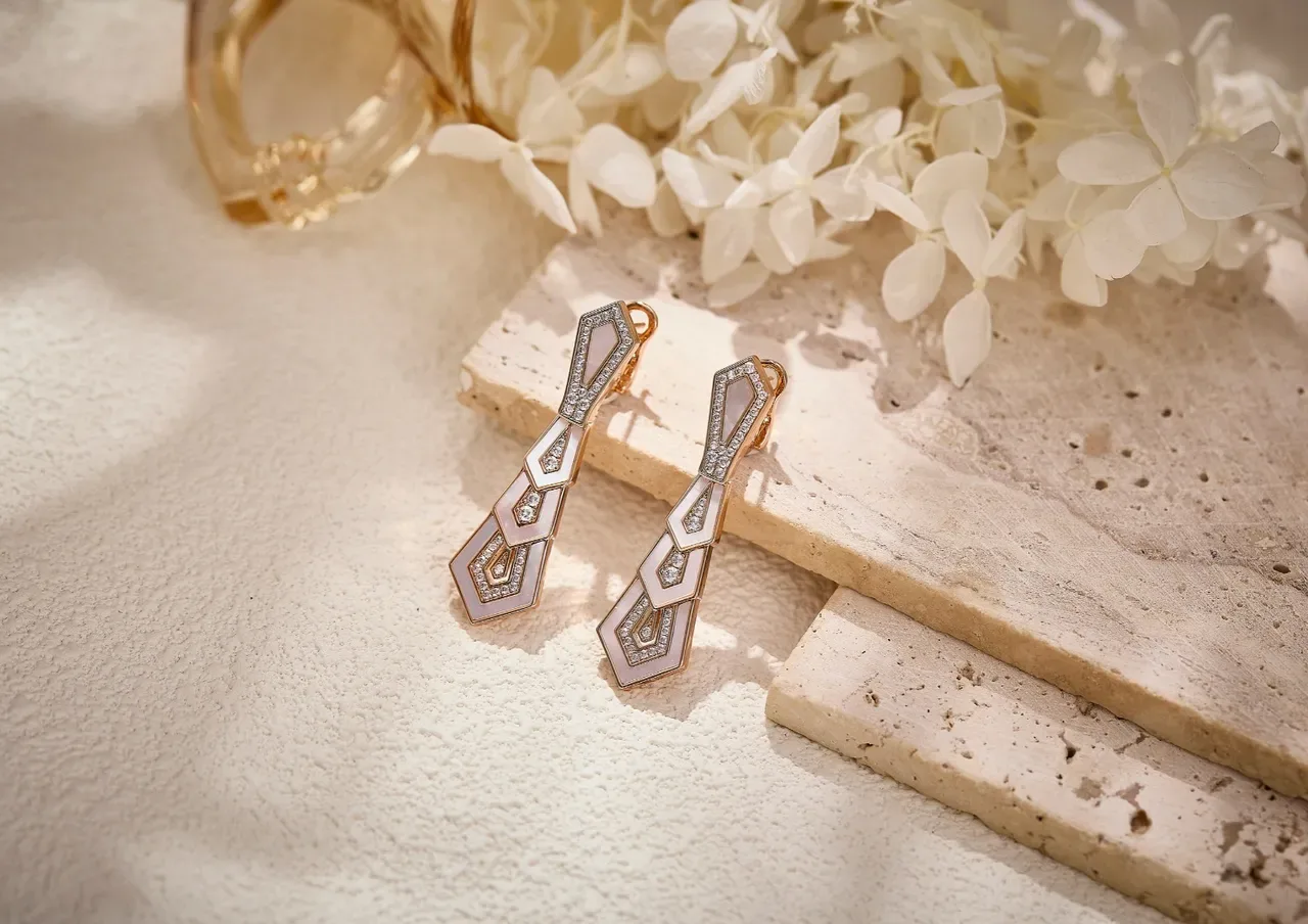 Geometric Tiered Pavé White Inlay Rose Gold Earrings 2