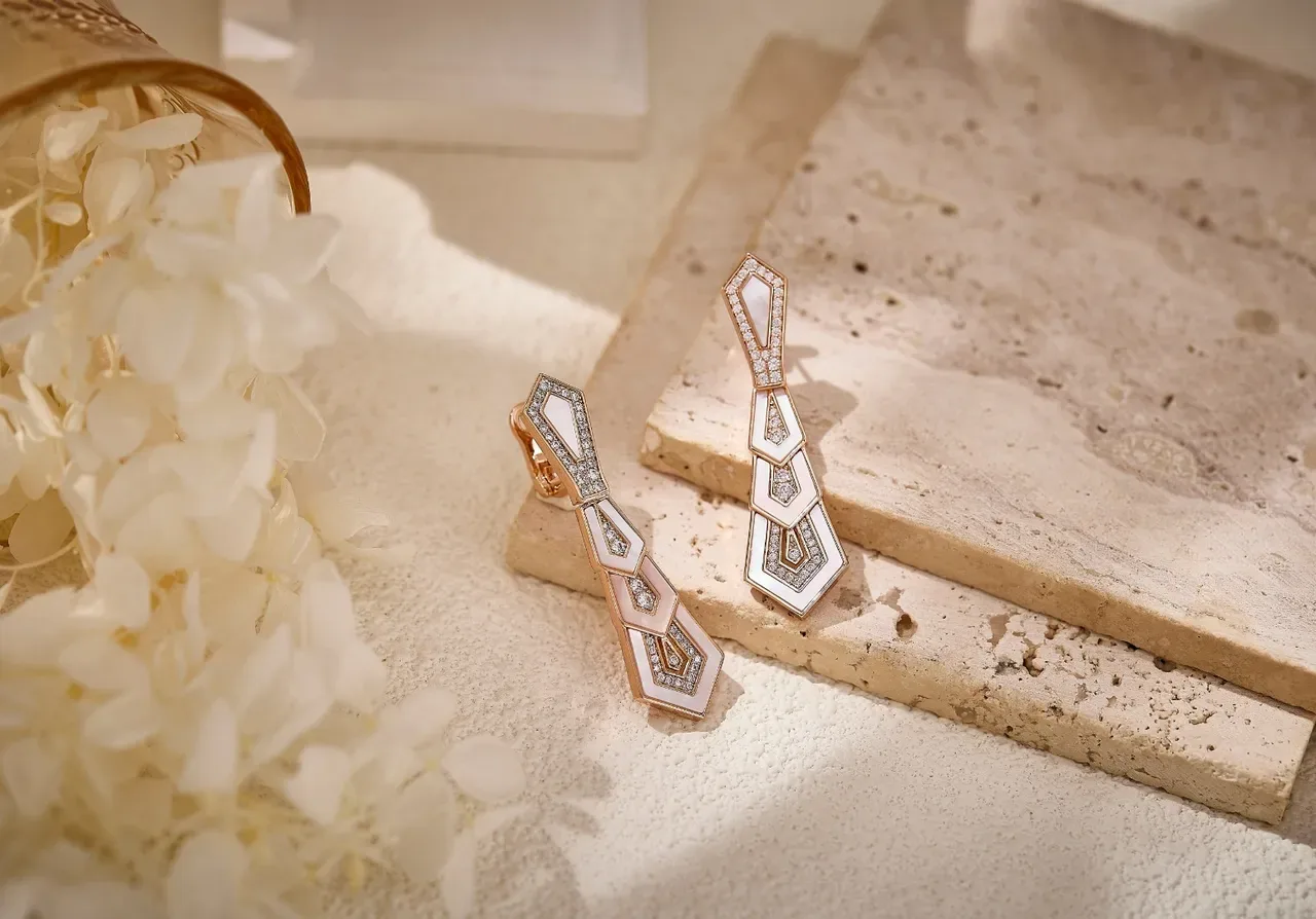 Geometric Tiered Pavé White Inlay Rose Gold Earrings 3