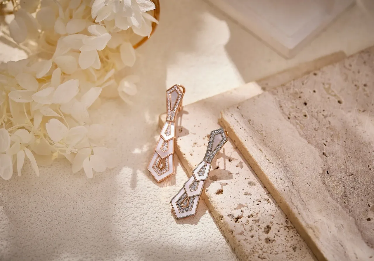 Geometric Tiered Pavé White Inlay Rose Gold Earrings 5