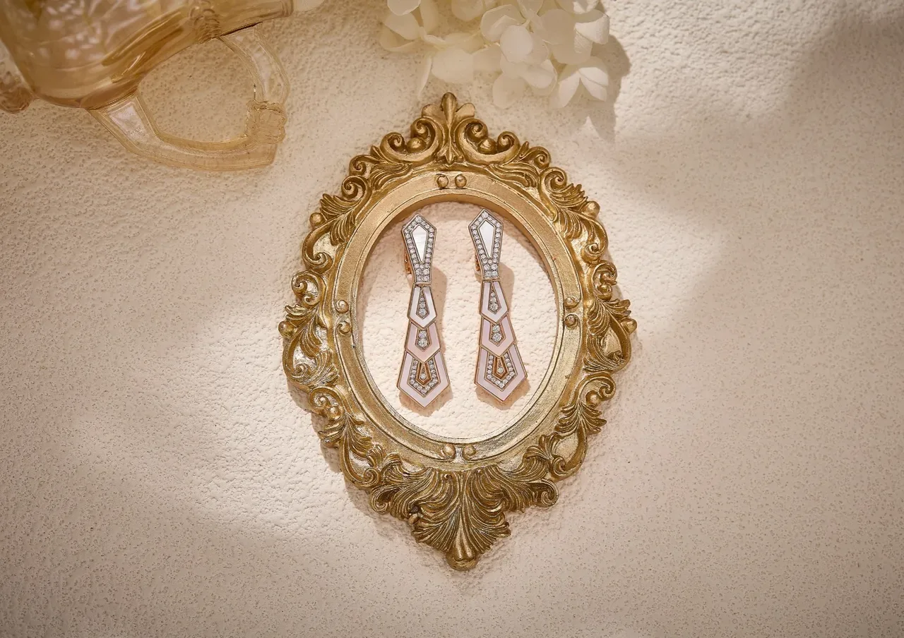 Geometric Tiered Pavé White Inlay Rose Gold Earrings 6
