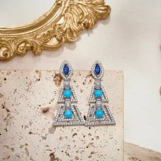 Geometric Triangular Pavé Diamond and Turquoise Drop Earrings