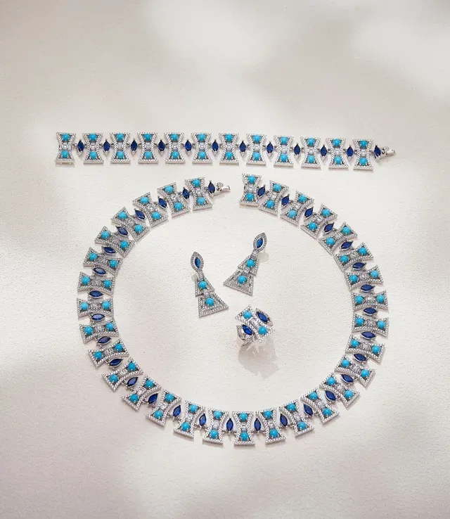 Geometric Triangular Pavé Diamond and Turquoise Drop Earrings 2