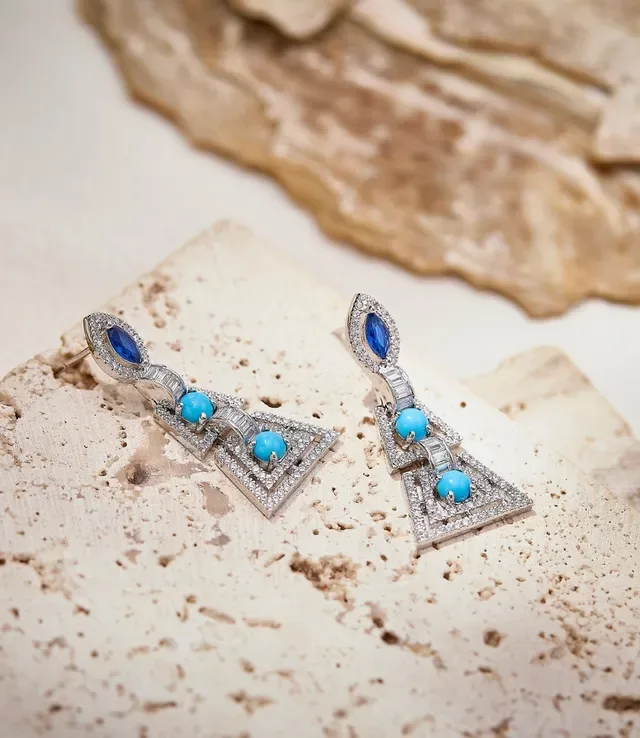 Geometric Triangular Pavé Diamond and Turquoise Drop Earrings 3