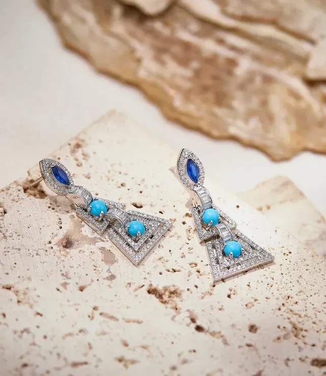 Geometric Triangular Pavé Diamond and Turquoise Drop Earrings 4