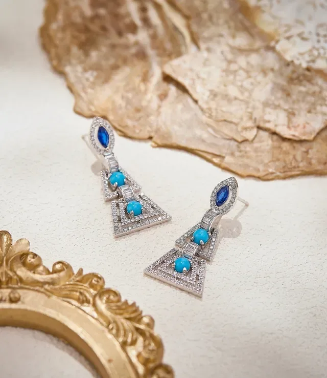 Geometric Triangular Pavé Diamond and Turquoise Drop Earrings 6