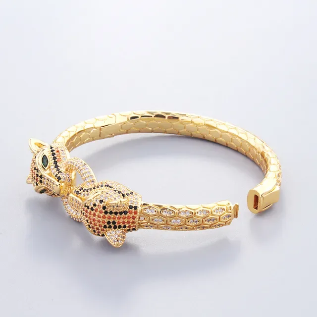 Gold and Silver Animal-Head Pavé Stone Snake-Scale Bangle Bracelets 3