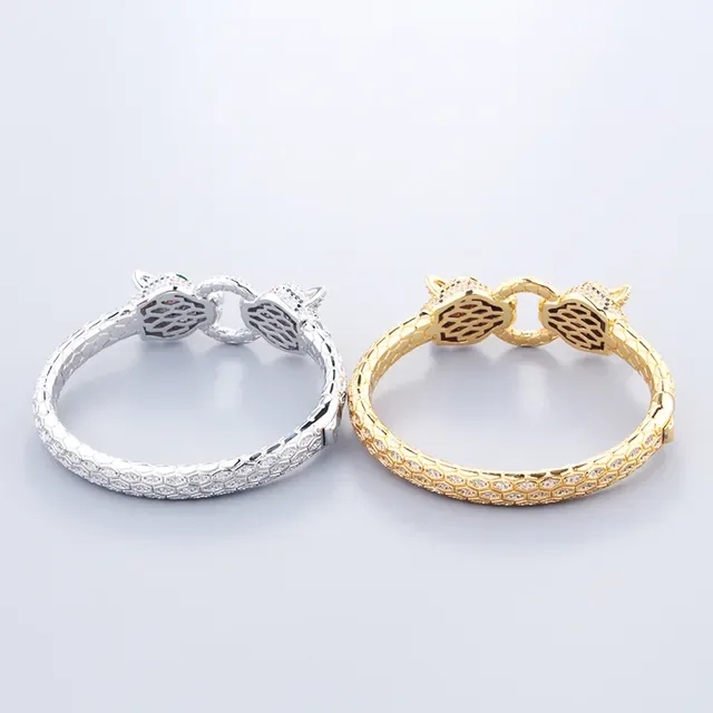 Gold and Silver Animal-Head Pavé Stone Snake-Scale Bangle Bracelets 4