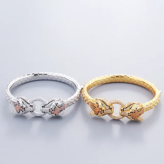 Gold and Silver Animal-Head Pavé Stone Snake-Scale Bangle Bracelets 5