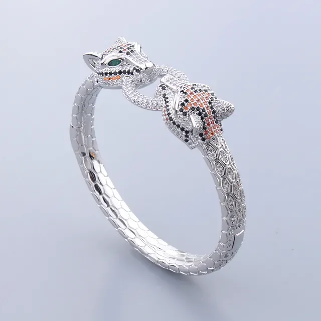Gold and Silver Animal-Head Pavé Stone Snake-Scale Bangle Bracelets 6